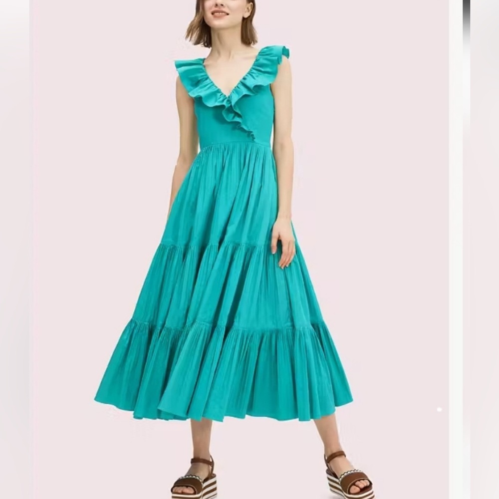 Kate Spade Ruffle Tiered Poplin Dress In Fiji Green